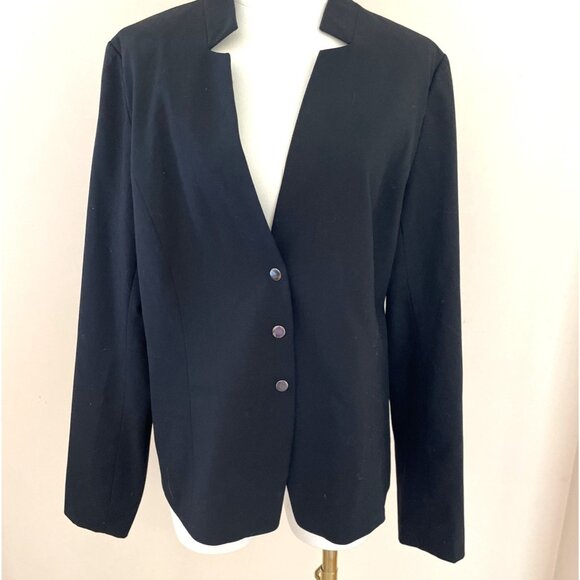 Vintage Larry Levine Snap Front Blazer Womens 14 Black Stretch Career Minimalist - Picture 1 of 11